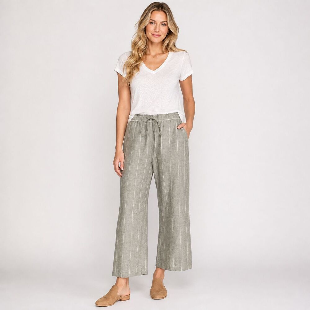 EILEEN FISHER Women's SMALL P Pants Hemp Organic Cotton Wide Leg Stripe R18LVG